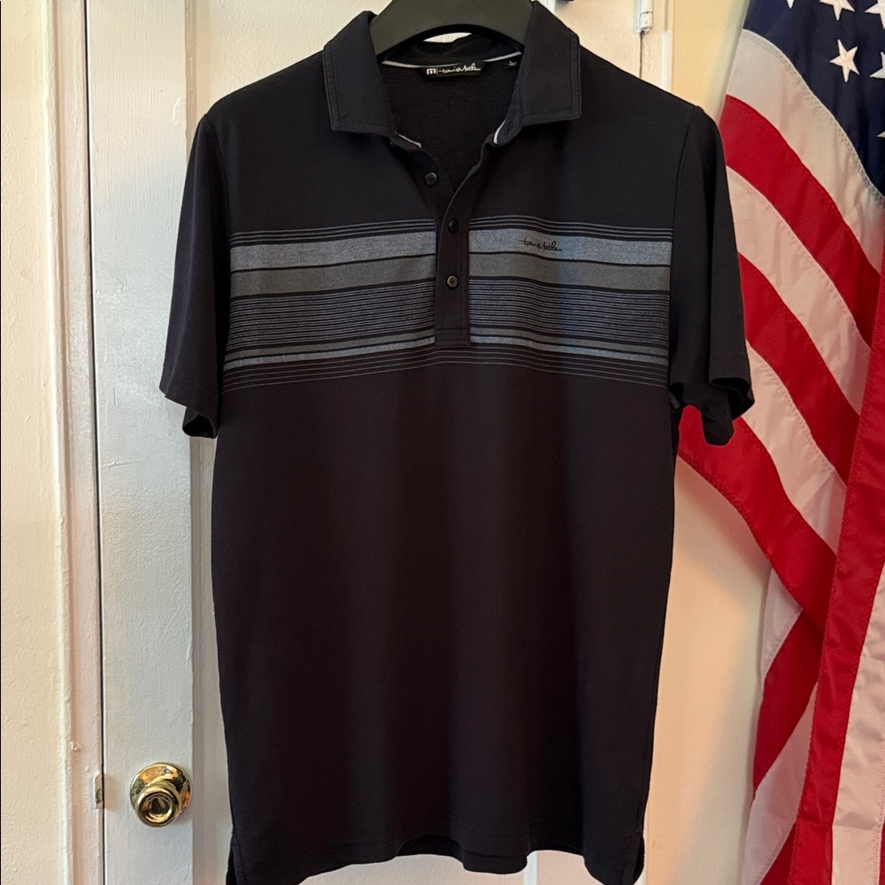 Travis Mathew Black Polo with Gray Stripes